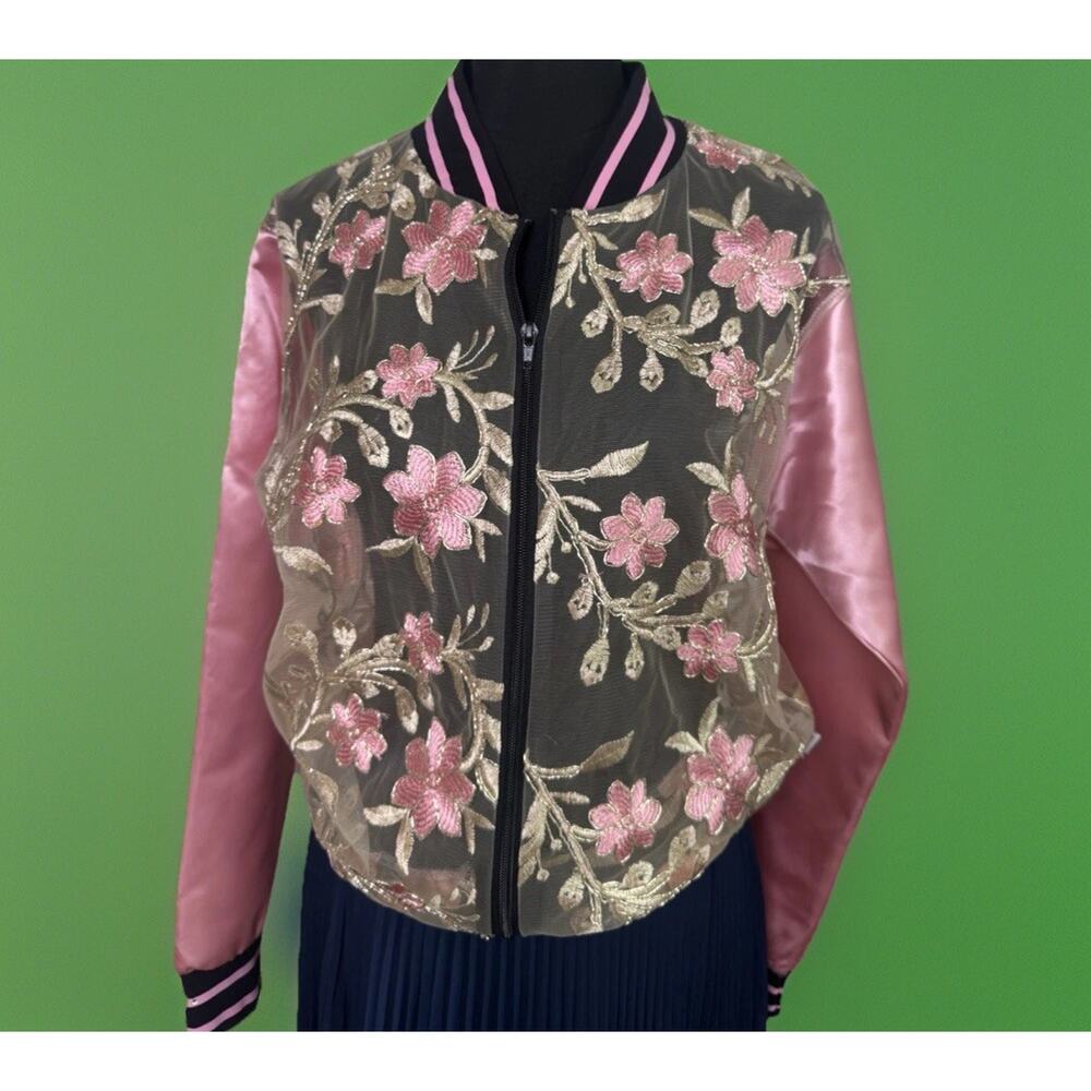 Marek+richard Embroidered Sheer Pink Satin Bomber Jacket | Ungendered Oversized